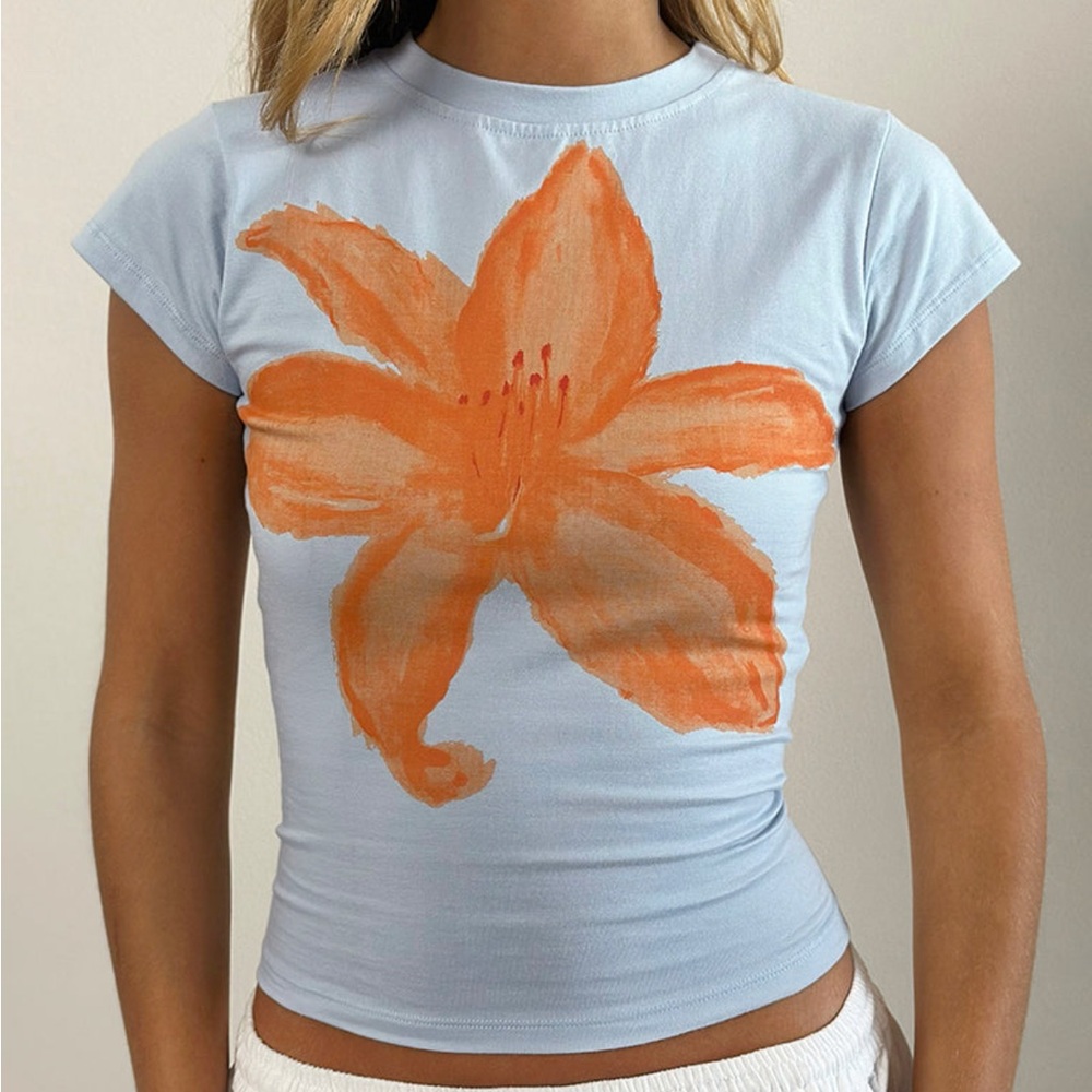 Motel Rocks Tiona Tee in Blue with Orange Painted Flower
